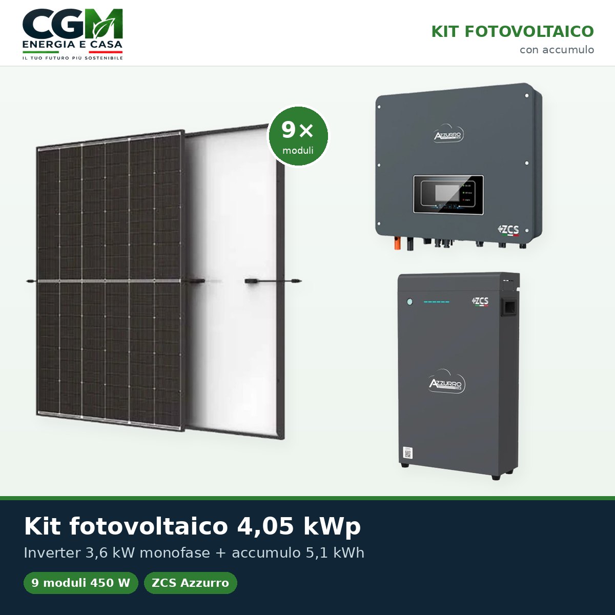 Kit fotovoltaico monofase 4050W inverter 3.68kW batteria al litio 5.1kWh LV ZSX5000 S Zucchetti - CGM Energia e Casa