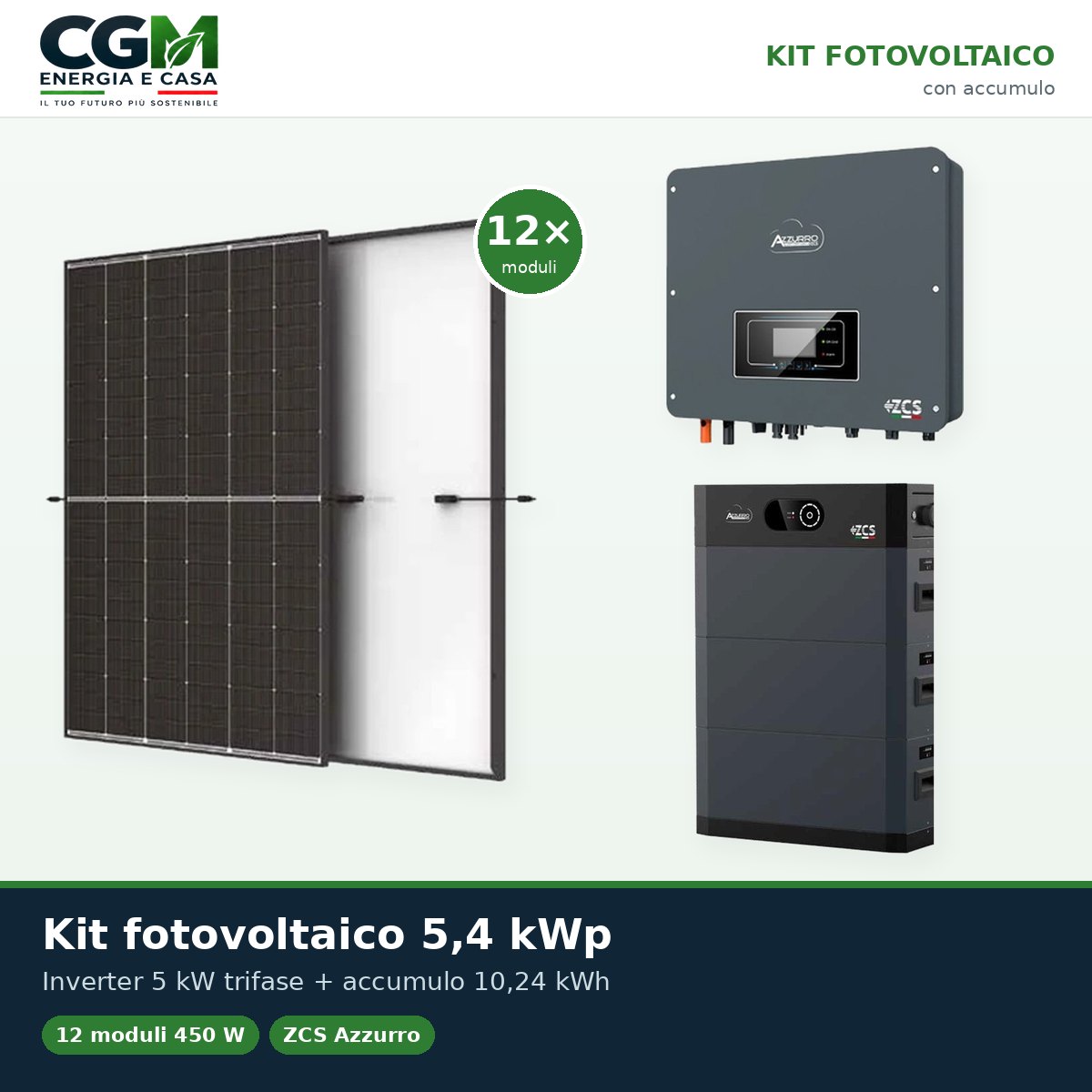 Kit fotovoltaico trifase 5400W inverter 5kW batteria al litio 10.24kWh HV SMART 5K Zucchetti - CGM Energia e Casa