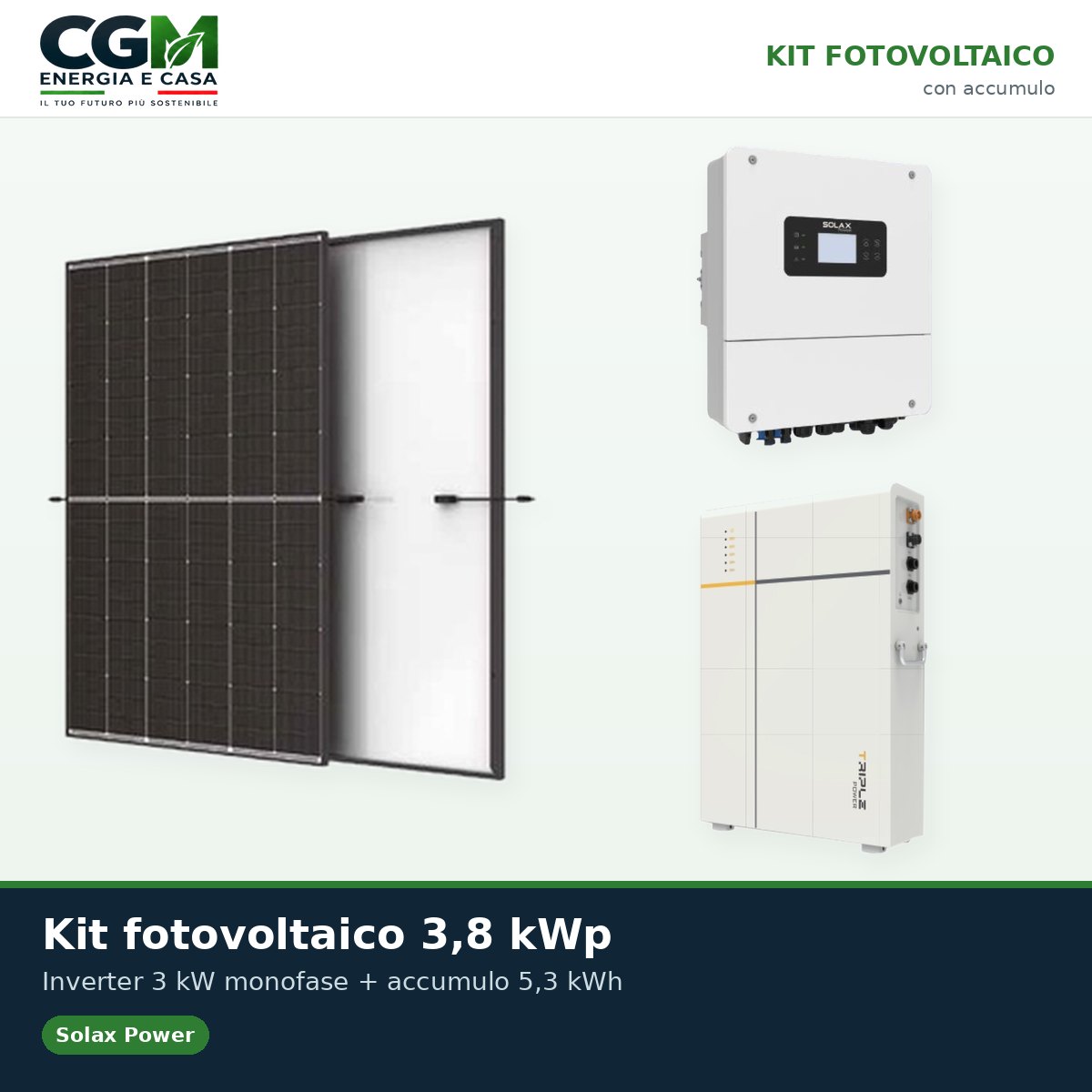Kit fotovoltaico monofase 3800W inverter Solax Power 3kW LV batteria al litio TP-LD53 5.3KWh - CGM Energia e Casa