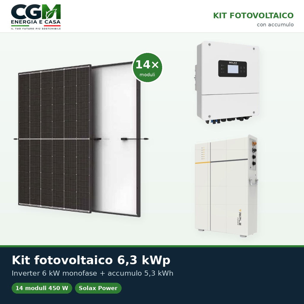 Kit fotovoltaico monofase 6300W inverter Solax Power 6kW LV batteria al litio TP-LD53 5.3KWh - CGM Energia e Casa