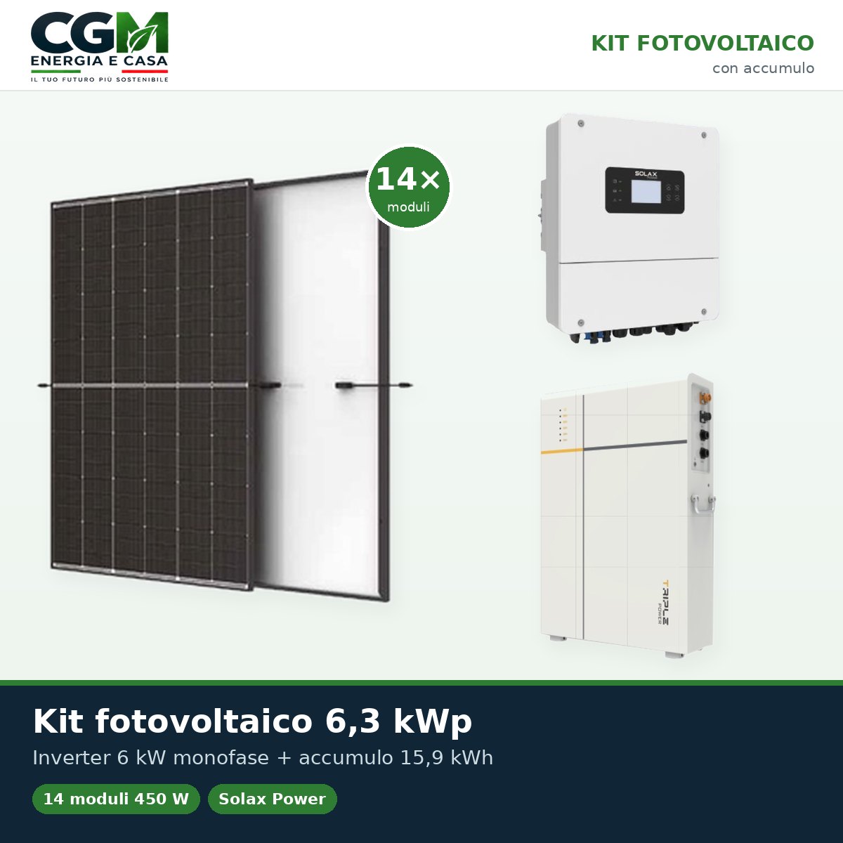 Kit fotovoltaico monofase 6300W inverter Solax Power 6kW LV batteria al litio TP-LD53 15.9KWh - CGM Energia e Casa