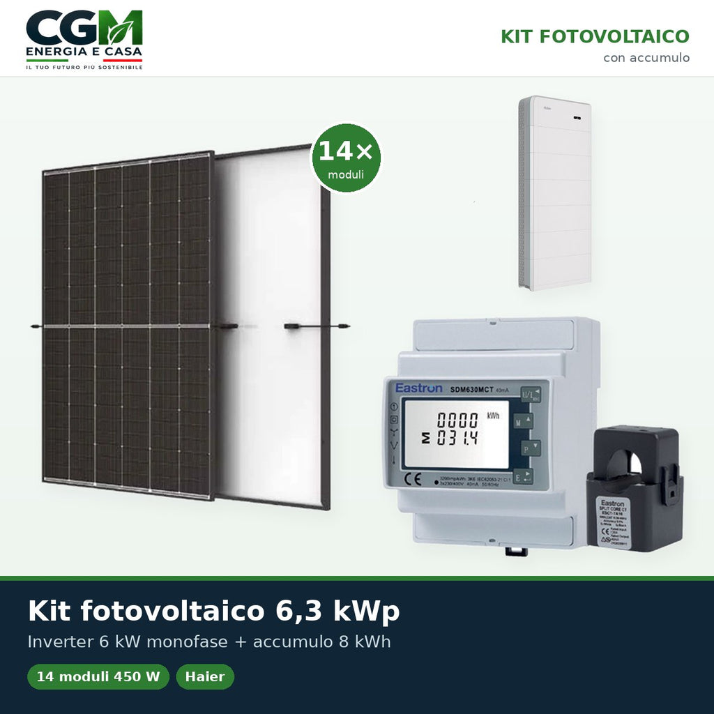 Kit fotovoltaico monofase 6300W inverter 6kW Haier batteria al litio 8KWh - CGM Energia e Casa