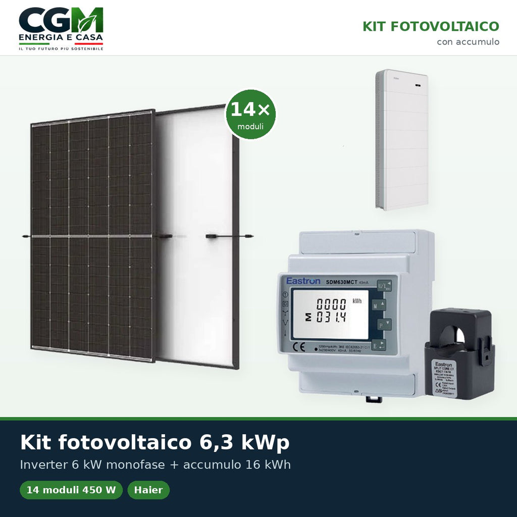 Kit fotovoltaico monofase 6300W inverter 6kW Haier batteria al litio 16KWh - CGM Energia e Casa