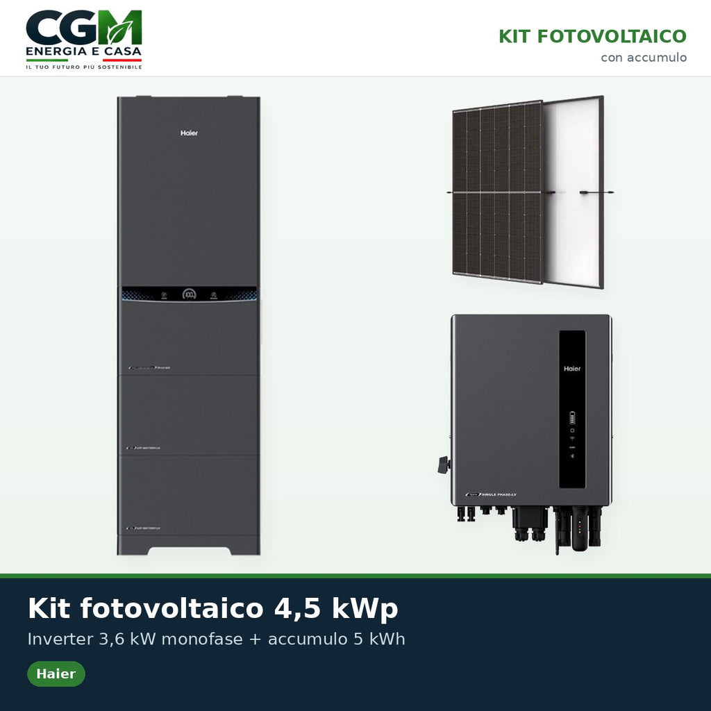 Kit fotovoltaico monofase 4500W Haier LV inverter 3.6kW batteria al litio 5KWh - CGM Energia e Casa