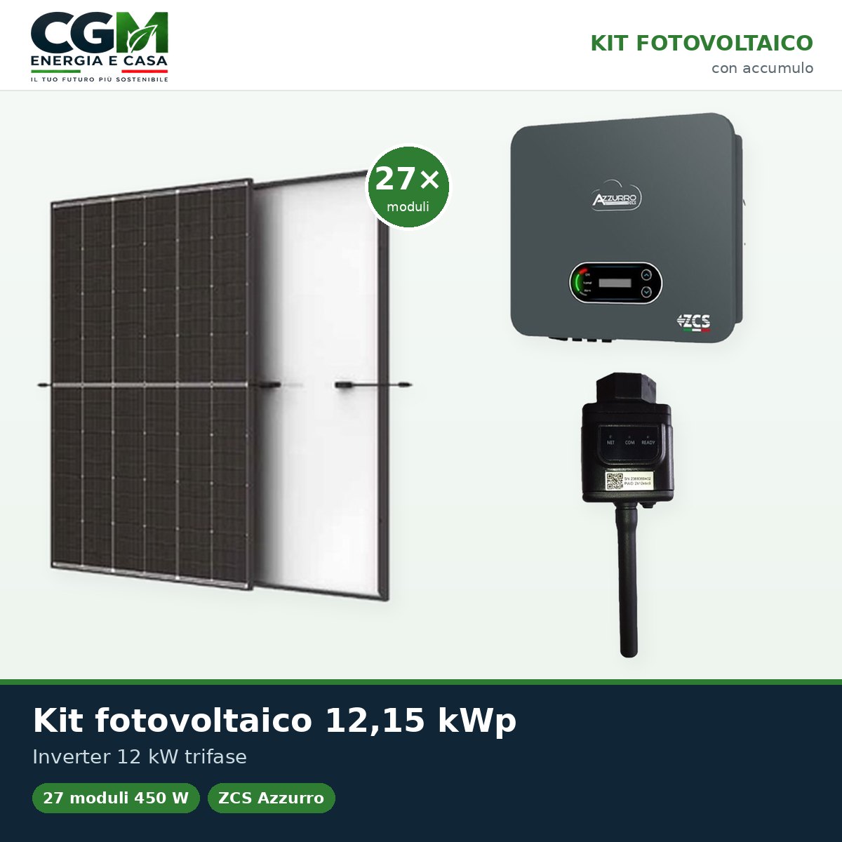Kit fotovoltaico trifase 12150W inverter di stringa 12kW Zucchetti connesso in rete - CGM Energia e Casa