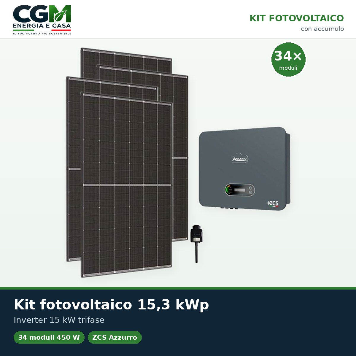 Kit fotovoltaico trifase 15300W inverter di stringa 15kW Zucchetti connesso in rete - CGM Energia e Casa