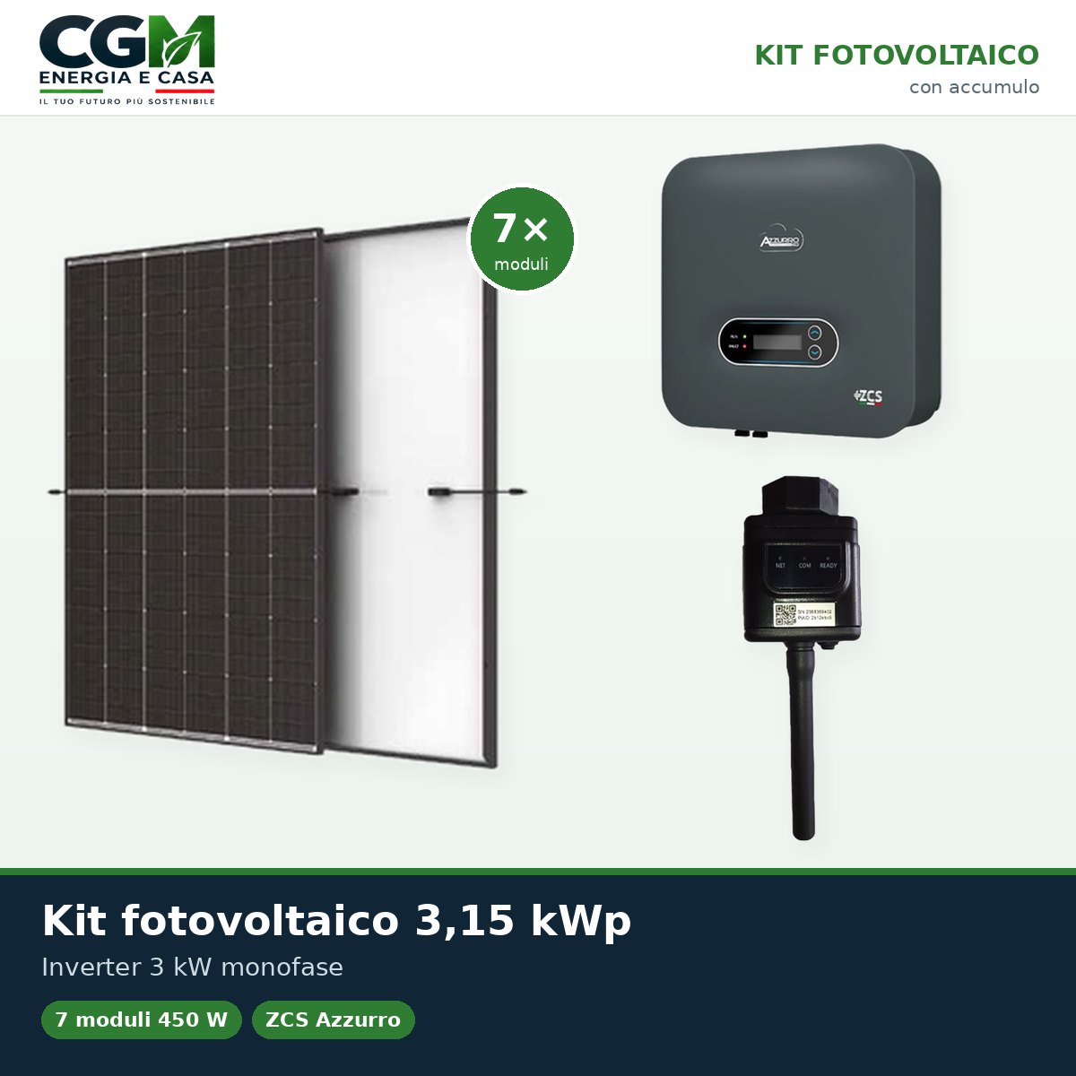 Kit fotovoltaico monofase 3150W inverter di stringa TLM 3kW Zucchetti connesso in rete - CGM Energia e Casa
