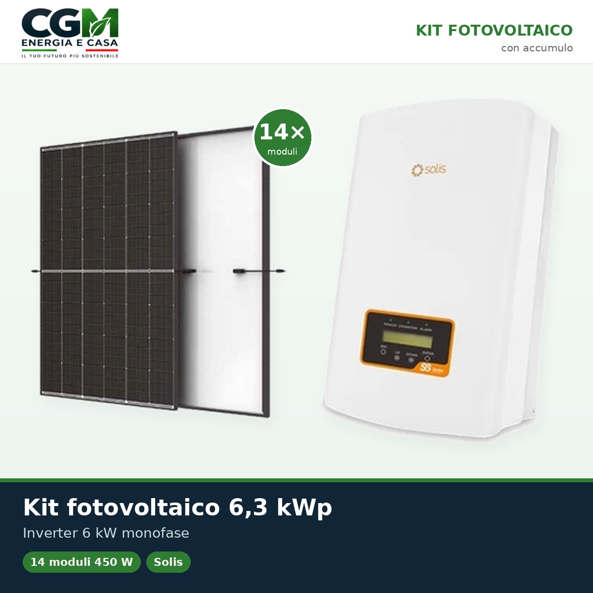 Kit fotovoltaico monofase 6300W inverter di stringa 6kW Solis connesso in rete - CGM Energia e Casa