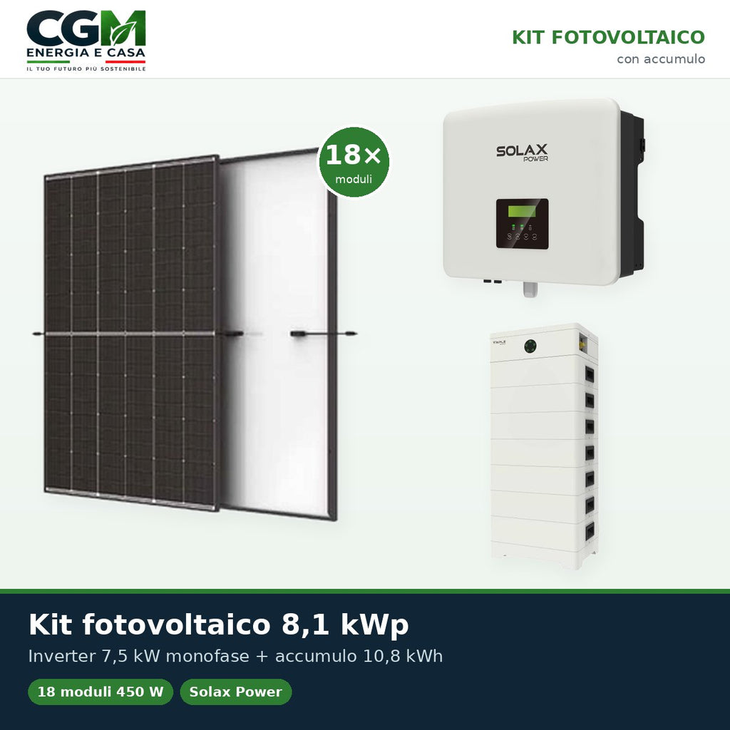Kit fotovoltaico monofase 8100W inverter 7.5kW batteria al litio 10.8KWh TP-HS36 Solax Power - CGM Energia e Casa