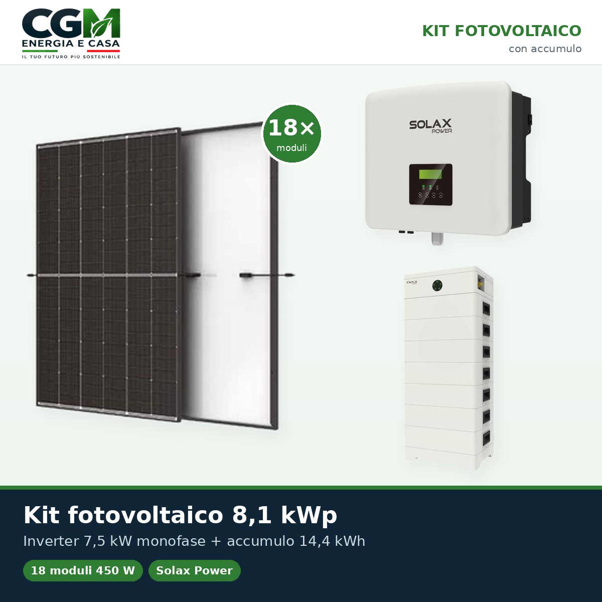 Kit fotovoltaico monofase 8100W inverter 7.5kW batteria al litio 14.4KWh TP-HS36 Solax Power - CGM Energia e Casa