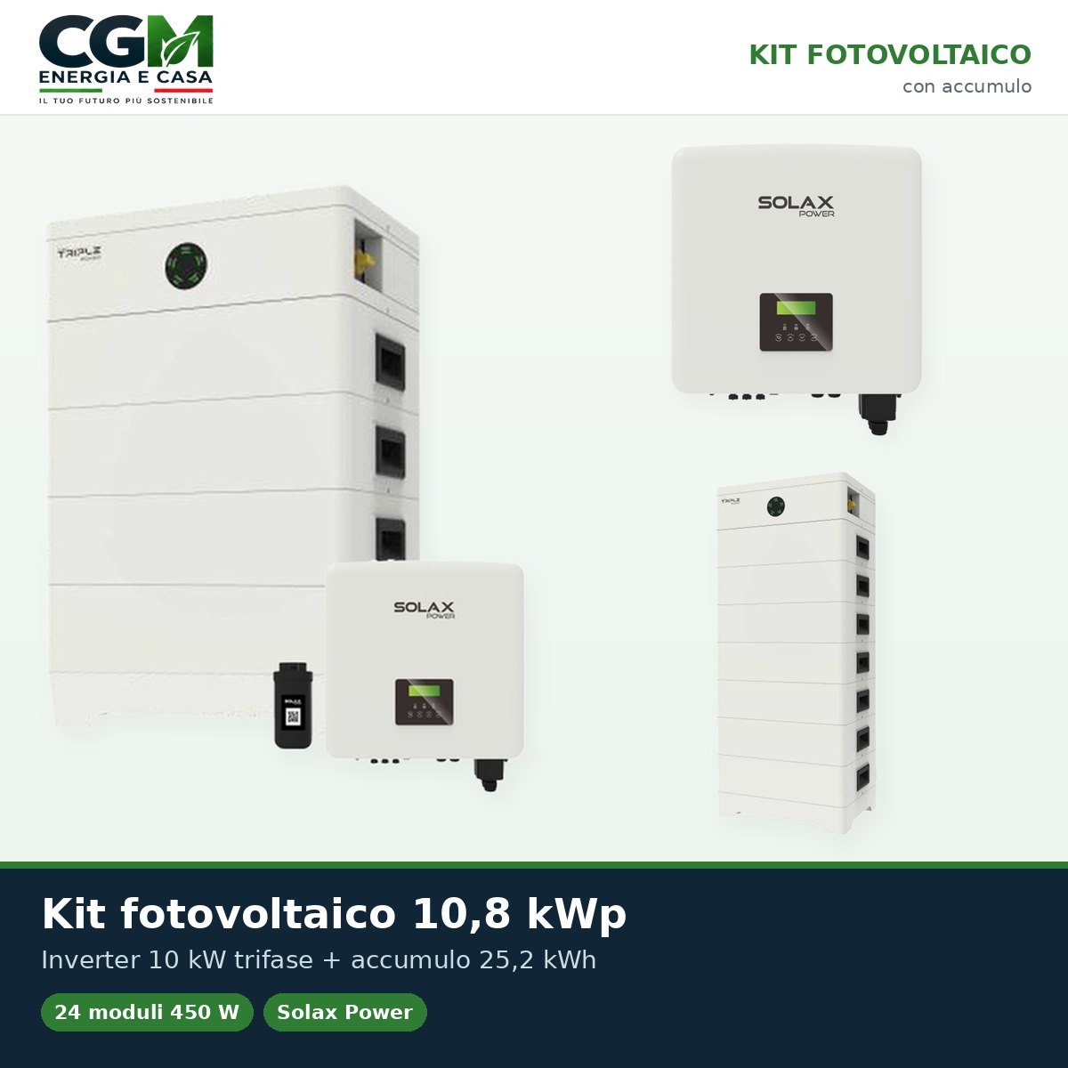 Kit fotovoltaico trifase 10800W inverter 10kW batteria al litio 25.2KWh TP-HS36 Solax Power - CGM Energia e Casa