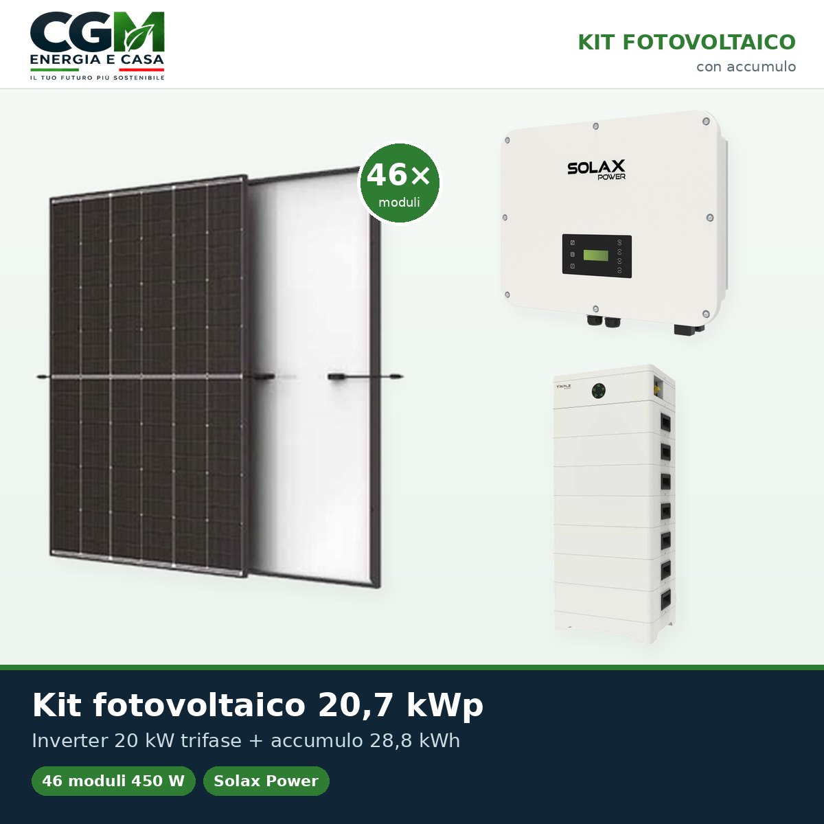 Kit fotovoltaico trifase 20700W inverter 20kW batteria al litio 28.8KWh TP-HS36 Solax Power - CGM Energia e Casa