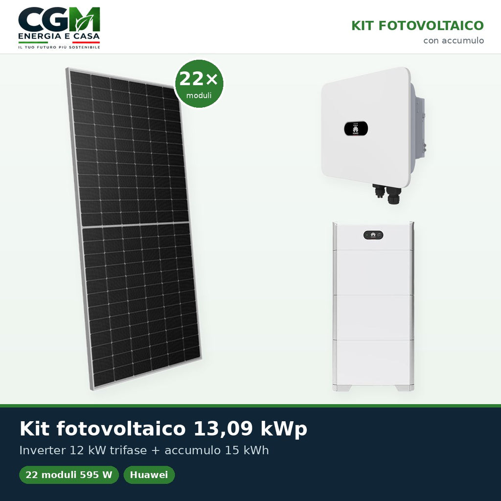Kit fotovoltaico trifase 13090W inverter 12kW MB0 Huawei batteria al litio 15kWh LUNA2000 BMS - CGM Energia e Casa