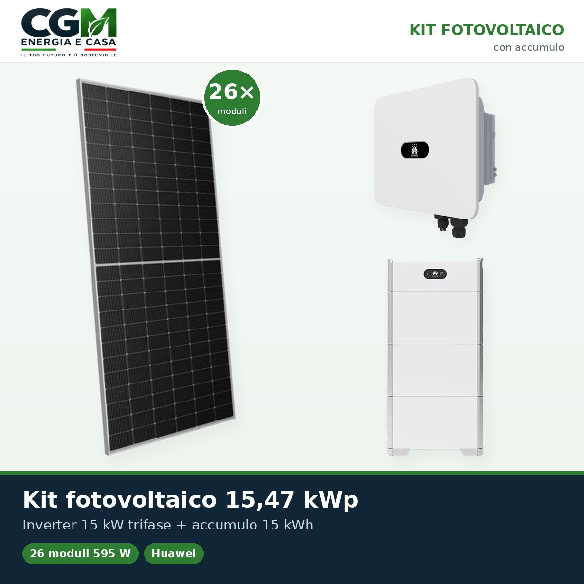 Kit fotovoltaico trifase 15470W inverter 15kW MB0 Huawei batteria al litio 15kWh LUNA2000 BMS - CGM-KIT-20104 - CGM Energia e Casa