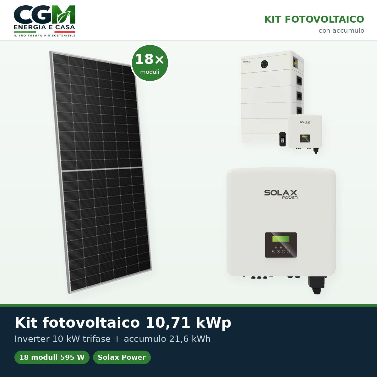 Kit fotovoltaico trifase 10710W inverter 10kW batteria al litio 21.6KWh TP-HS36 Solax Power - CGM Energia e Casa