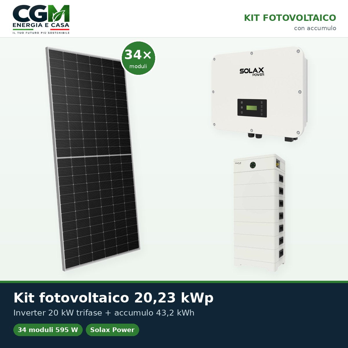 Kit fotovoltaico trifase 20230W inverter 20kW batteria al litio 43.2kWh TP-HS36 Solax Power - CGM Energia e Casa