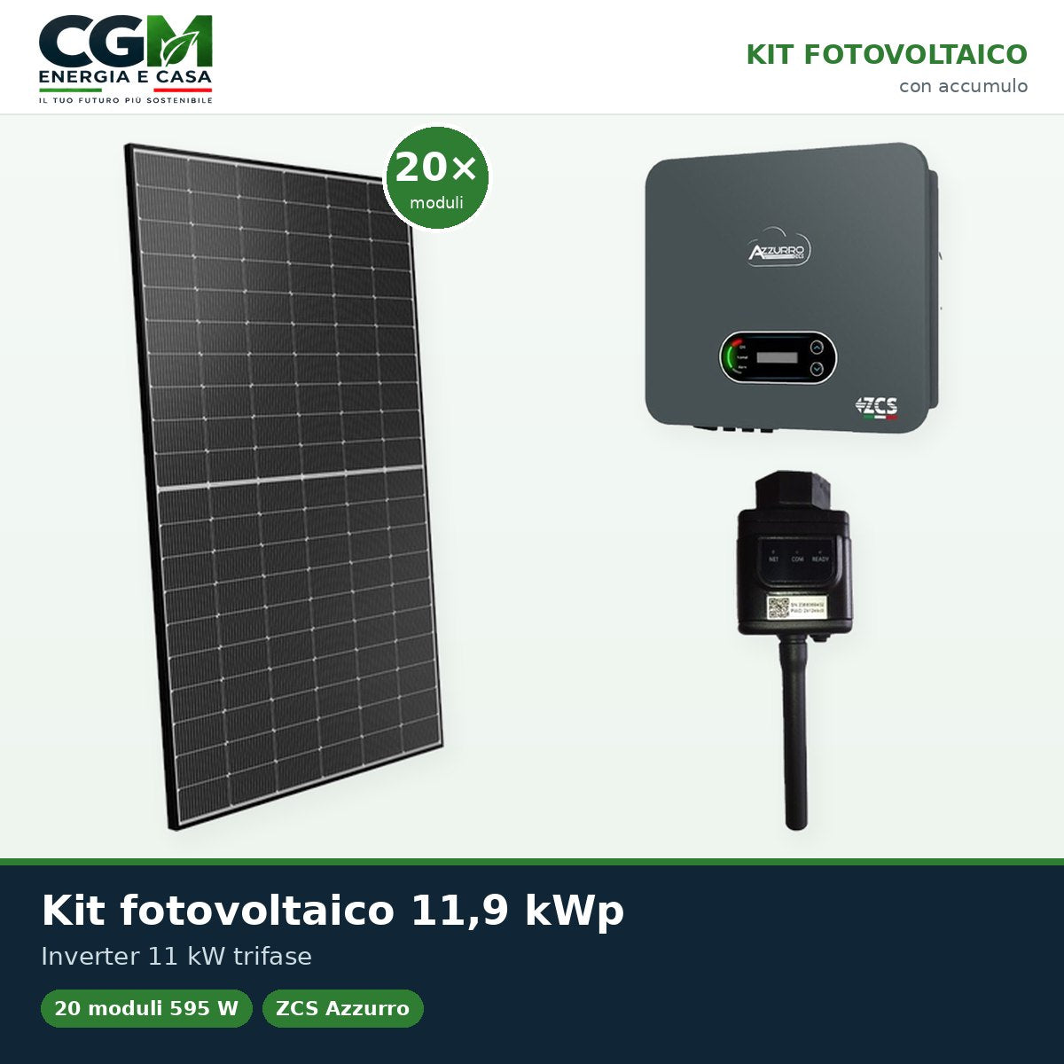 Kit fotovoltaico trifase 11900W inverter di stringa 11kW Zucchetti connesso in rete - CGM Energia e Casa