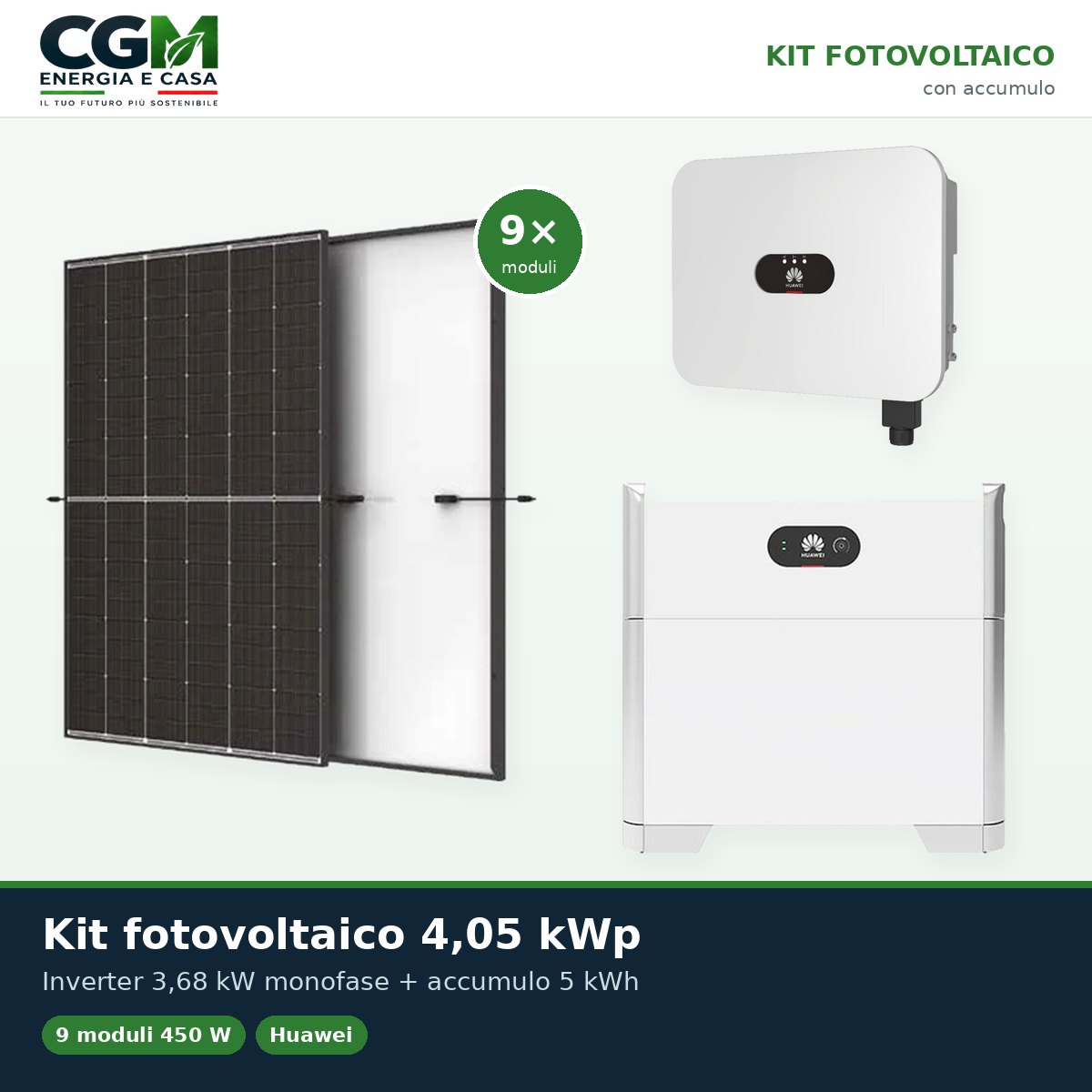 Kit fotovoltaico monofase 4050W inverter 3.68kW LB0 Huawei batteria al litio 5kWh LUNA2000 - CGM Energia e Casa