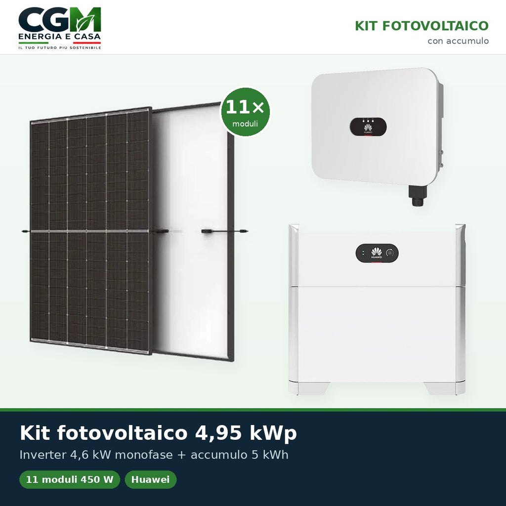 Kit fotovoltaico monofase 4950W inverter 4.6kW LB0 Huawei batteria al litio 5kWh LUNA2000 - CGM Energia e Casa