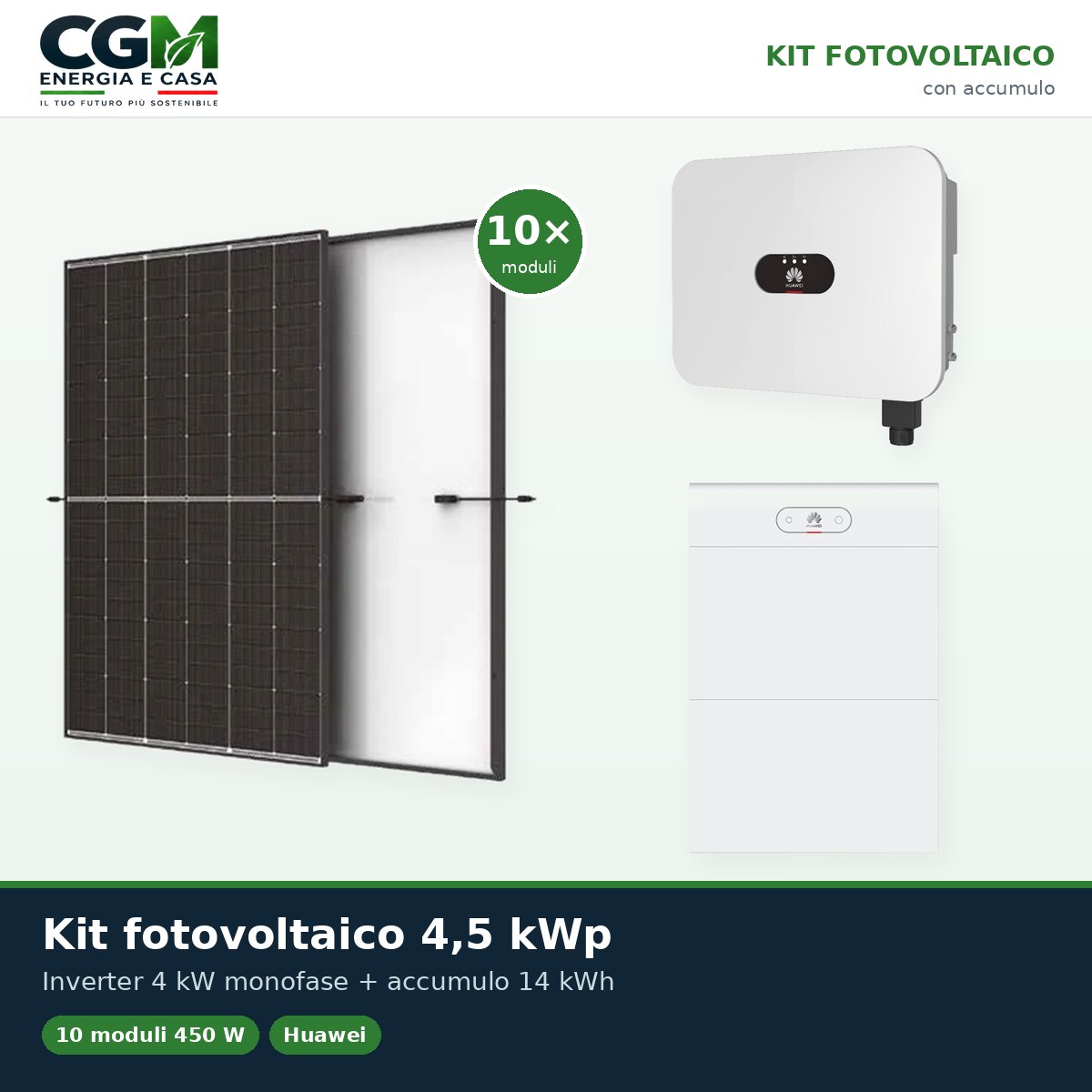 Kit fotovoltaico monofase 4500W inverter 4kW LB0 Huawei batteria al litio 14kWh LUNA2000 - CGM Energia e Casa