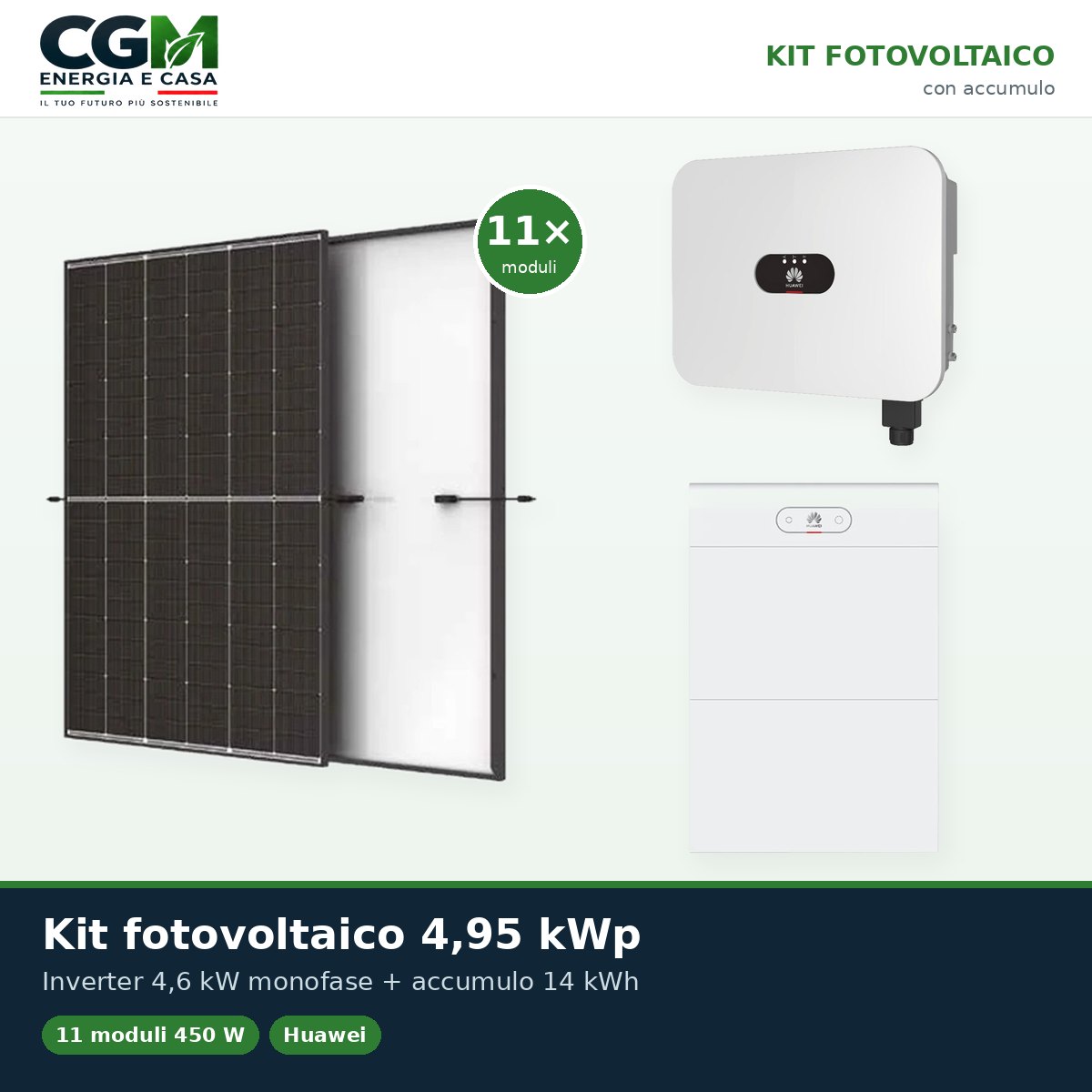 Kit fotovoltaico monofase 4950W inverter 4.6kW LB0 Huawei batteria al litio 14kWh LUNA2000 - CGM Energia e Casa