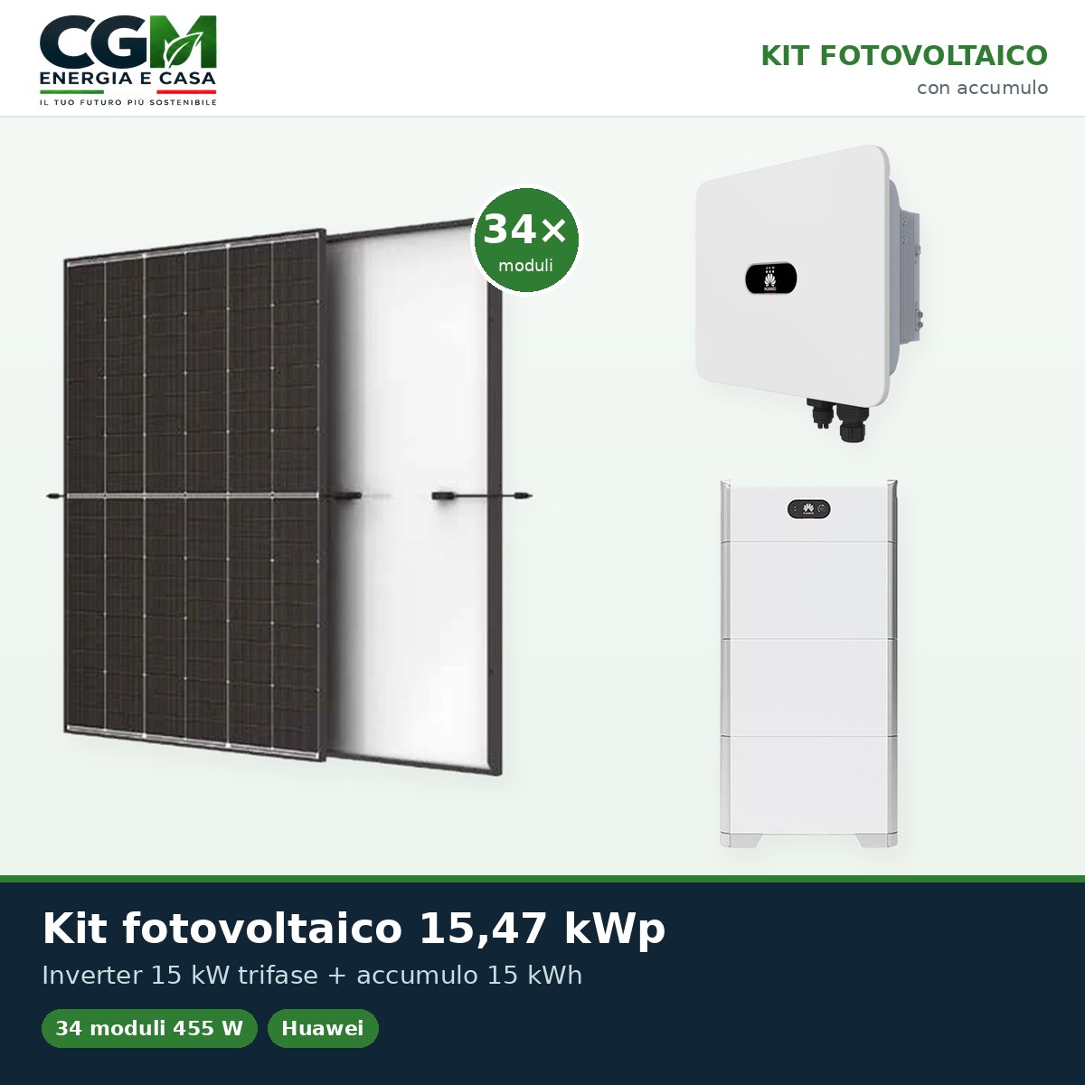 Kit fotovoltaico trifase 15470W inverter 15kW MB0 Huawei batteria al litio 15kWh LUNA2000 BMS - CGM-KIT-20188 - CGM Energia e Casa