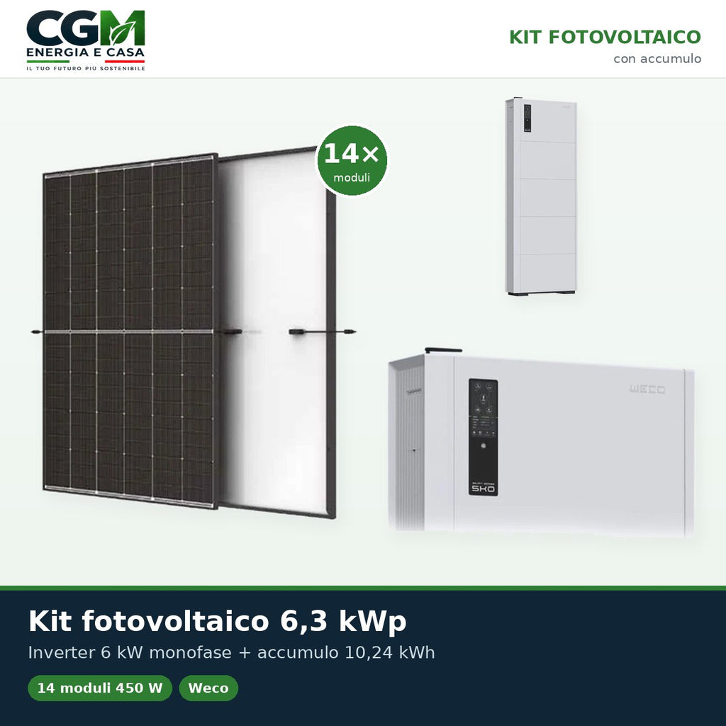Kit fotovoltaico monofase 6300W inverter Weco SMART EU 6kW accumulo 10.24kWh Weco 5k0 - CGM Energia e Casa