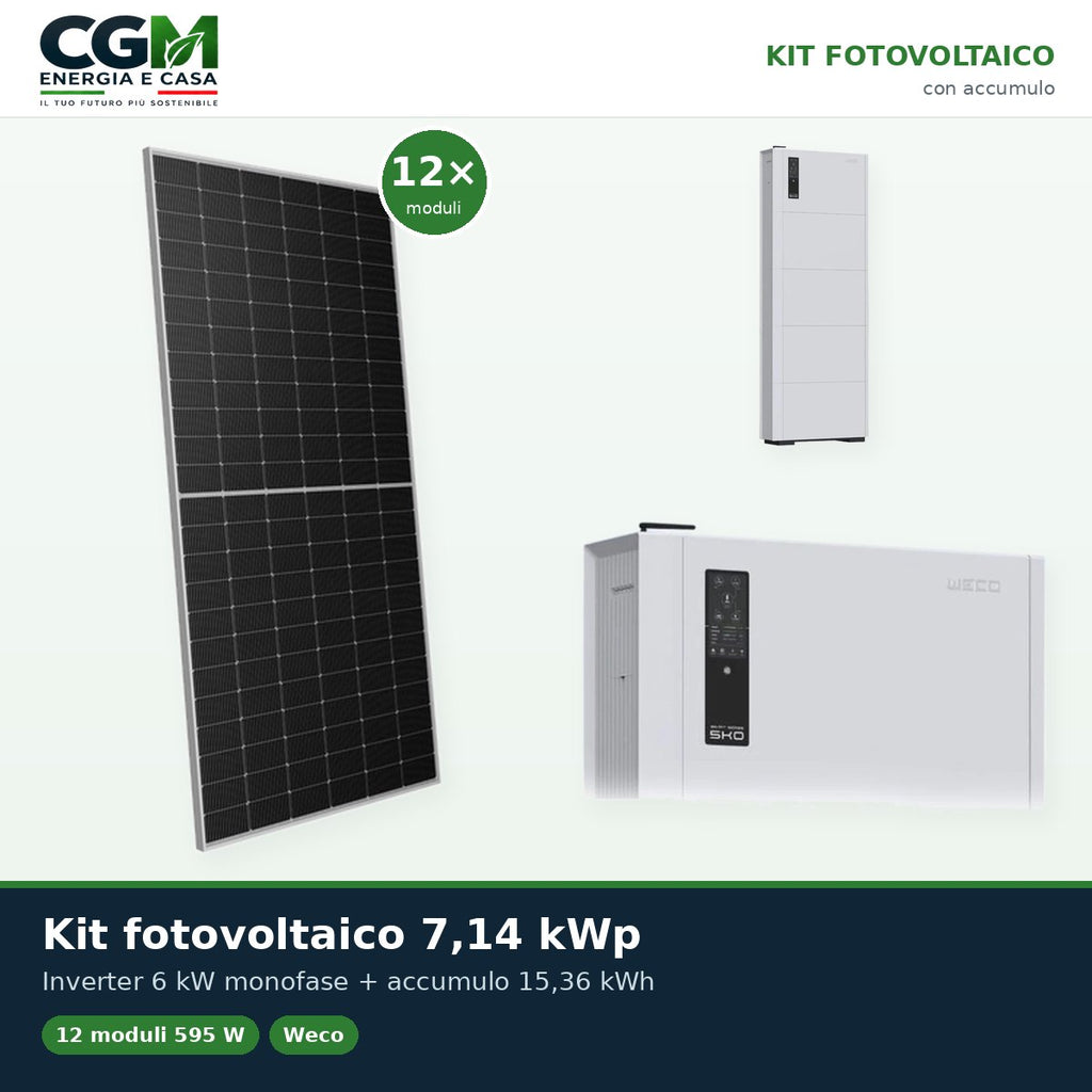 Kit fotovoltaico monofase 7140W inverter Weco SMART EU 6kW accumulo 15.36kWh Weco 5k0 - CGM Energia e Casa