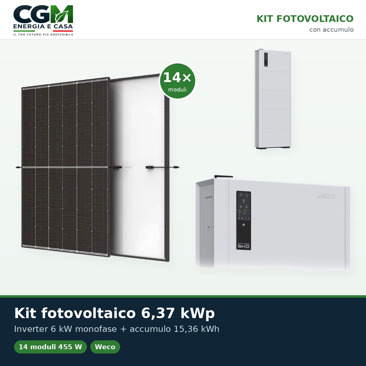 Kit fotovoltaico monofase 6370W inverter Weco SMART EU 6kW accumulo 15.36kWh Weco 5k0 - CGM Energia e Casa