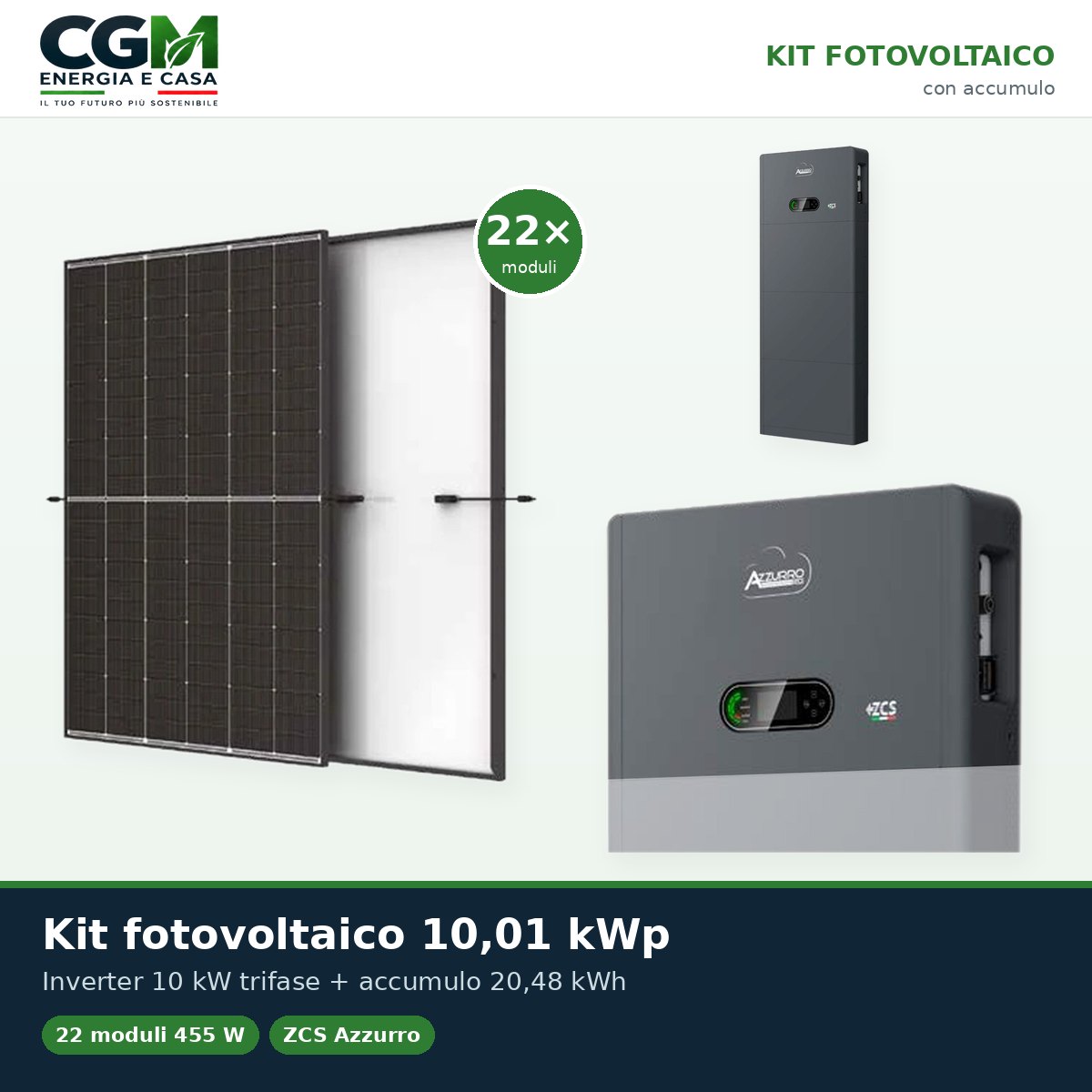 Kit fotovoltaico All in one trifase 10010W inverter 10kW accumulo 20.48kWh Zucchetti - CGM Energia e Casa