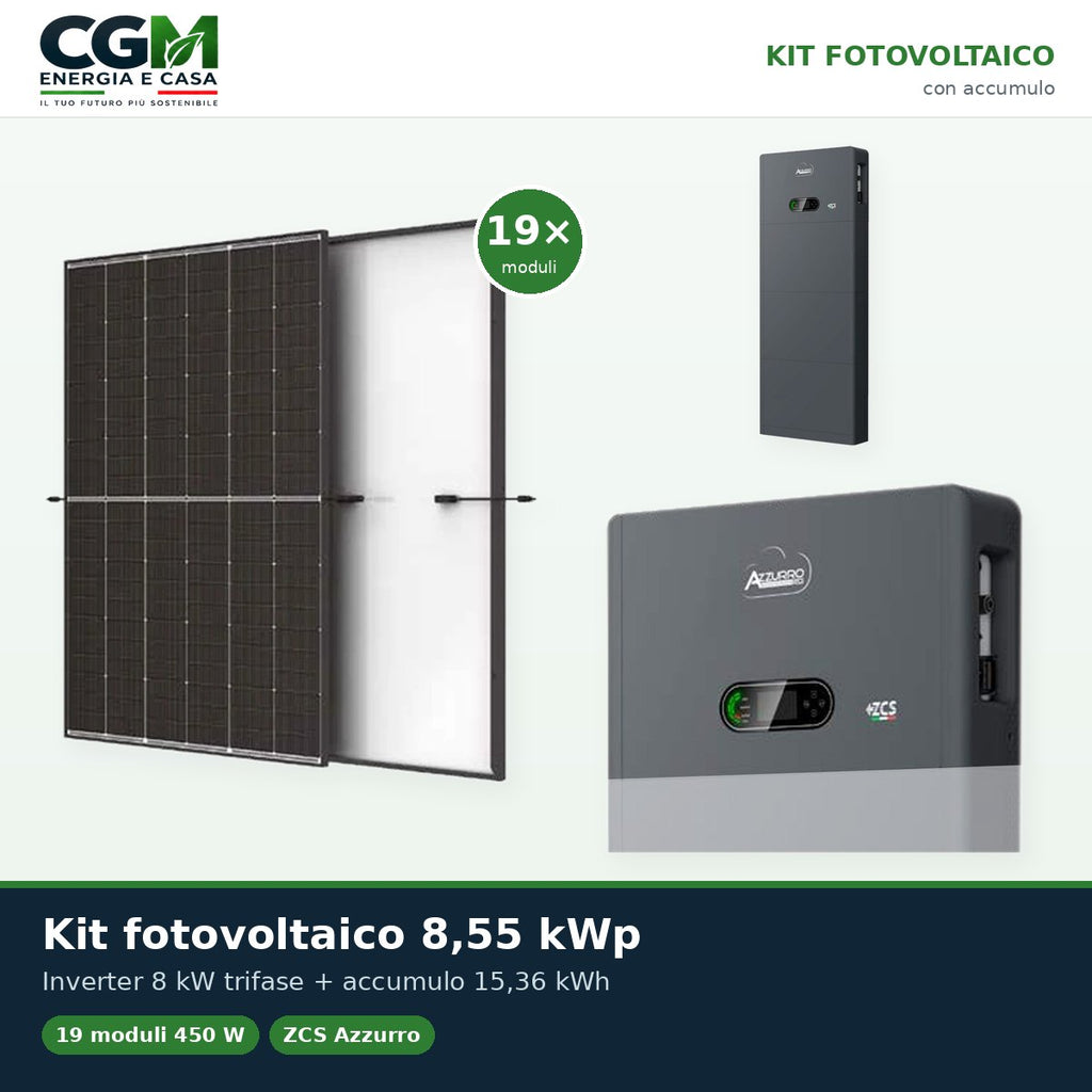 Kit fotovoltaico All in one trifase 8550W inverter 8kW accumulo 15.36kWh Zucchetti - CGM Energia e Casa