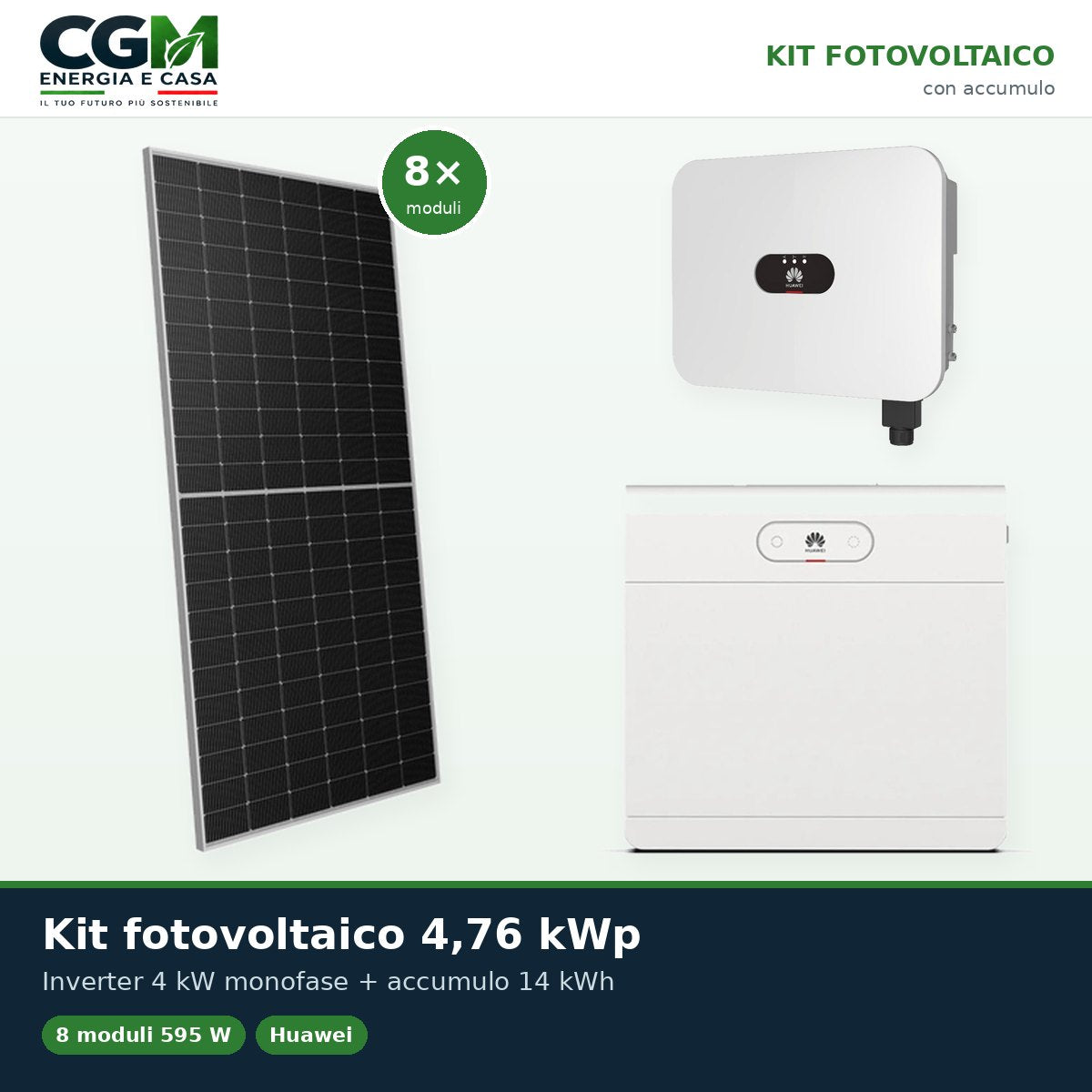 Kit fotovoltaico monofase 4760W inverter 4kW LB0 Huawei batteria al litio 14kWh LUNA2000 - CGM Energia e Casa