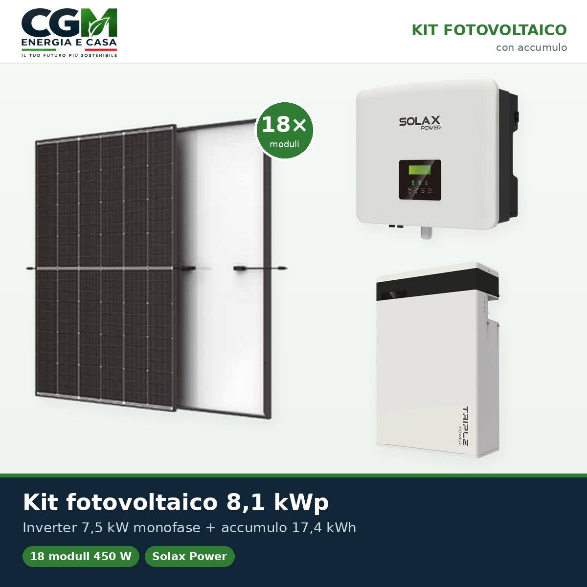 Kit fotovoltaico monofase 8100W inverter 7.5kW batteria al litio 17.4KWh T-BAT-H5.8 Solax Power - CGM Energia e Casa