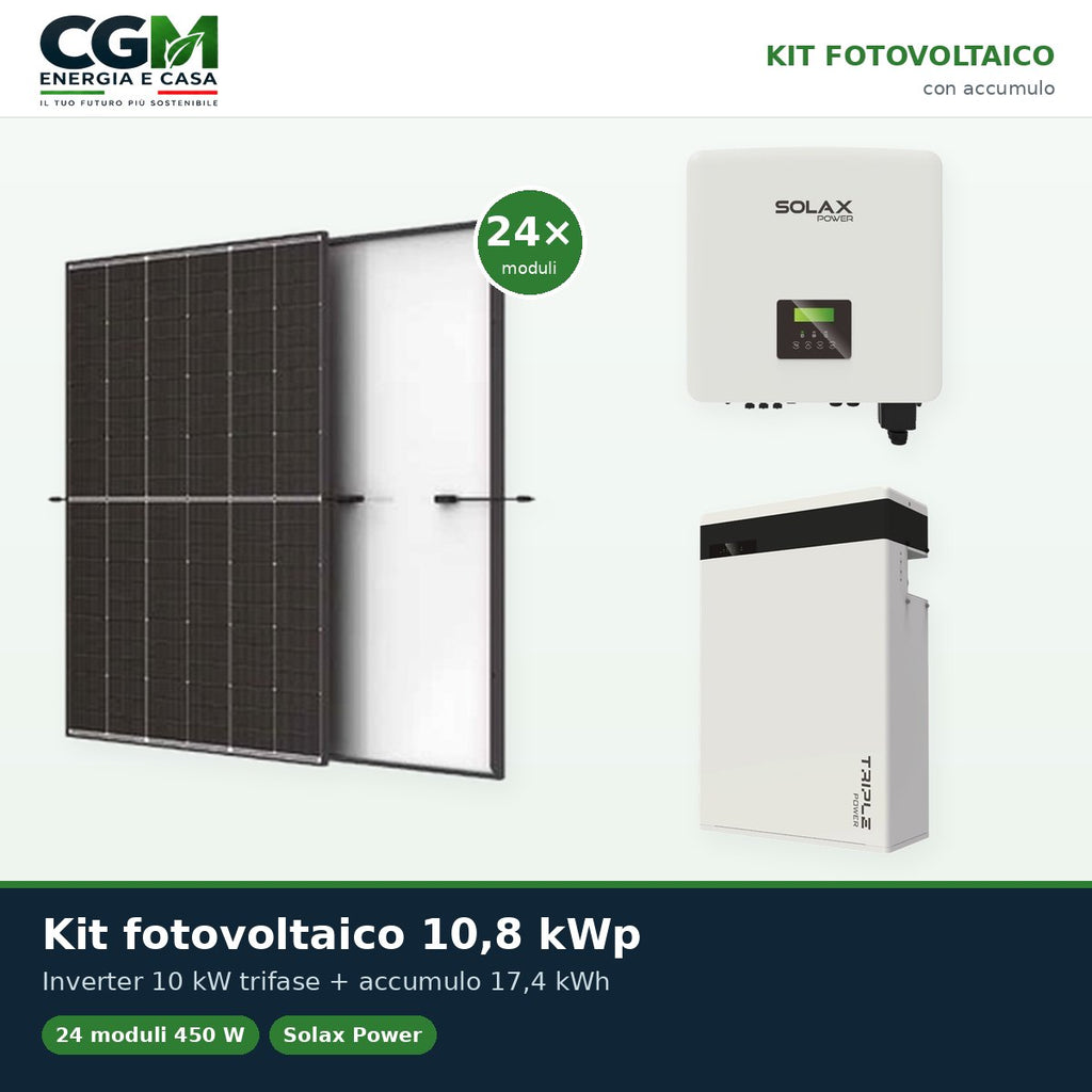 Kit fotovoltaico trifase 10800W inverter 10kW batteria al litio 17.4KWh T-BAT-H5.8 Solax Power - CGM Energia e Casa