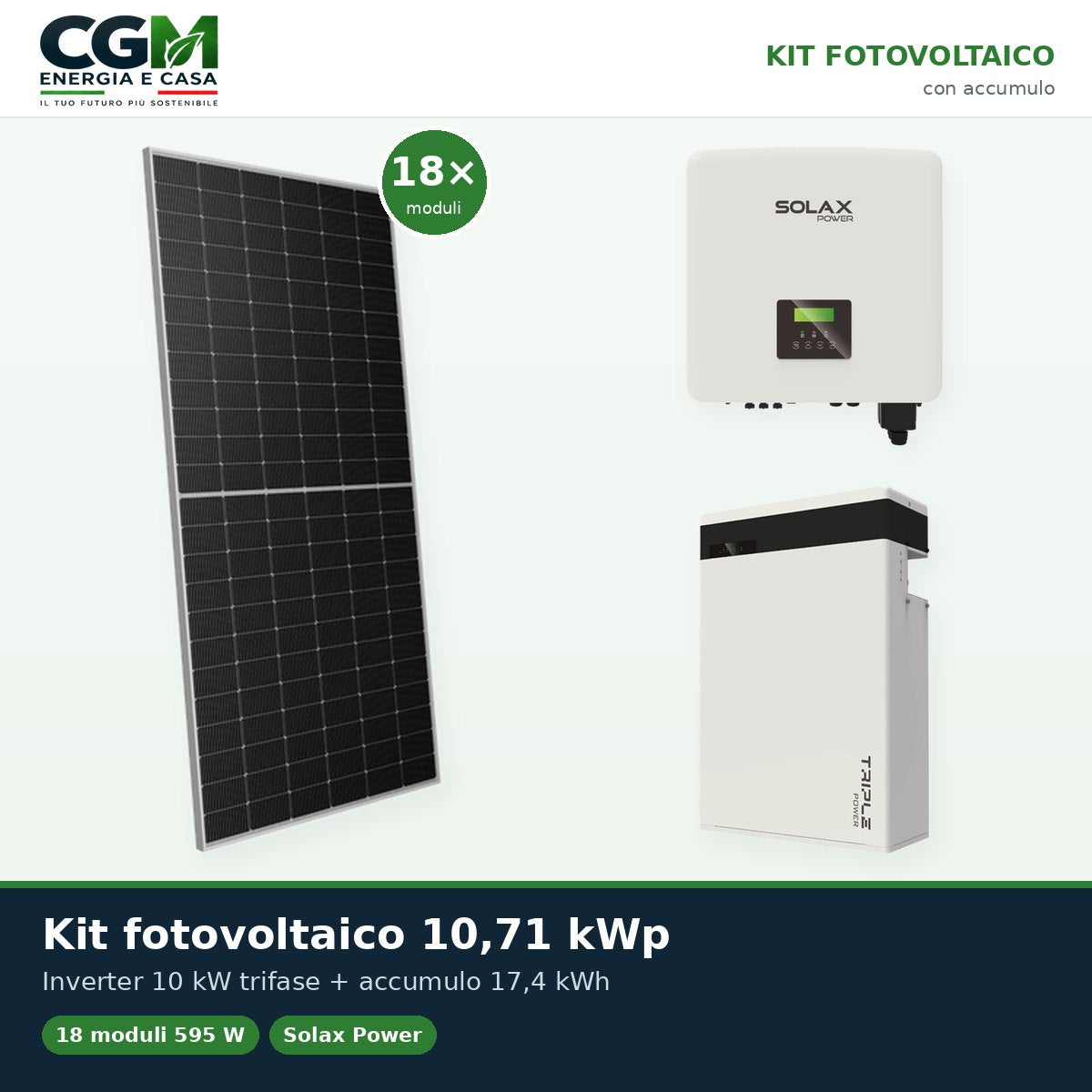 Kit fotovoltaico trifase 10710W inverter 10kW batteria al litio 17.4KWh T-BAT-H5.8 Solax Power - CGM Energia e Casa