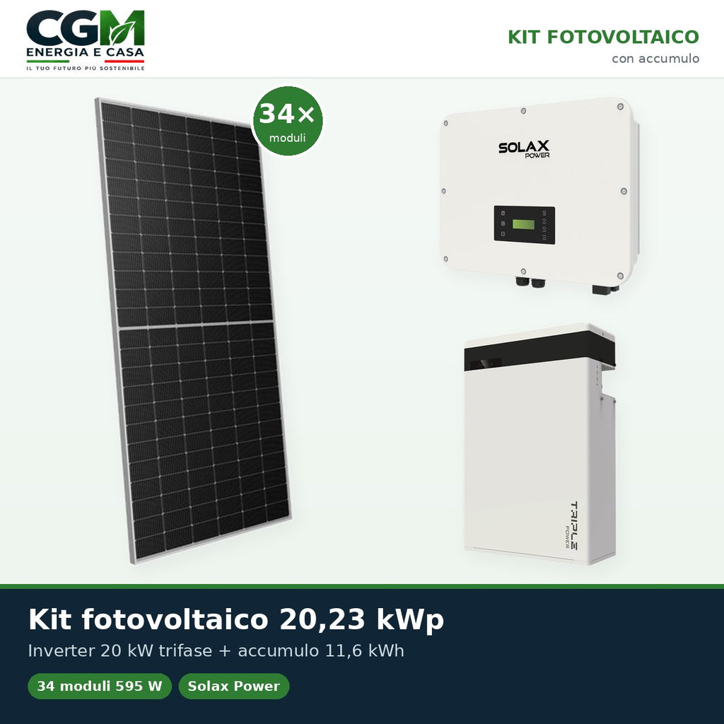 Kit fotovoltaico trifase 20230W inverter 20kW batteria al litio 11.6KWh T-BAT-H5.8 Solax Power - CGM Energia e Casa