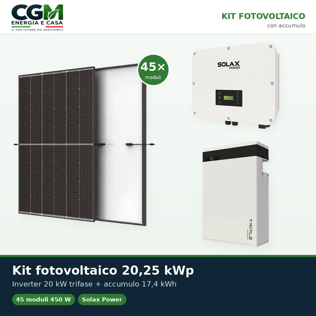 Kit fotovoltaico trifase 20250W inverter 20kW batteria al litio 17.4KWh T-BAT-H5.8 Solax Power - CGM Energia e Casa