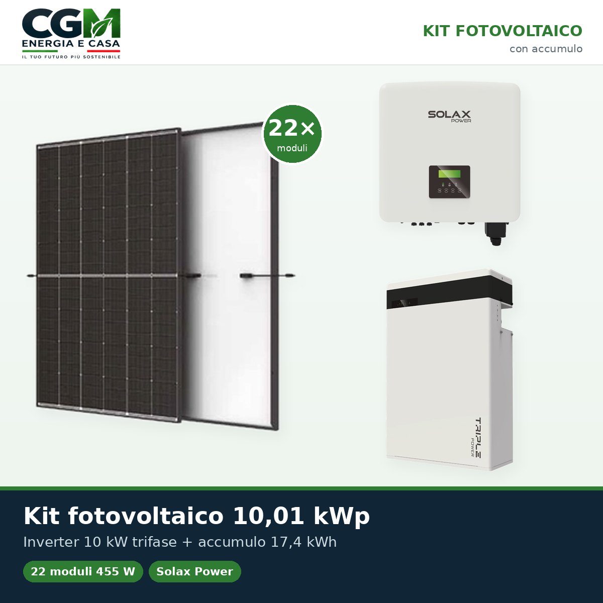 Kit fotovoltaico trifase 10010W inverter 10kW batteria al litio 17.4KWh T-BAT-H5.8 Solax Power - CGM Energia e Casa