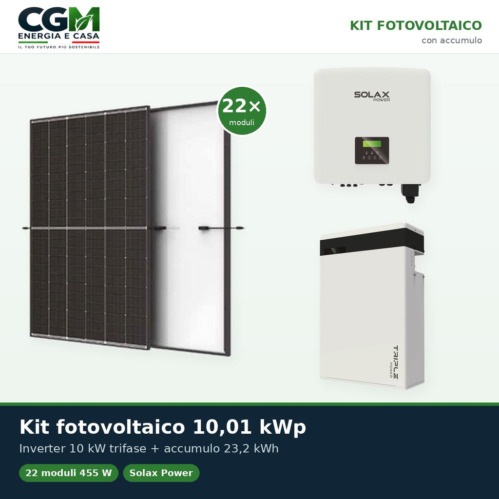 Kit fotovoltaico trifase 10010W inverter 10kW batteria al litio 23.2KWh T-BAT-H5.8 Solax Power - CGM Energia e Casa