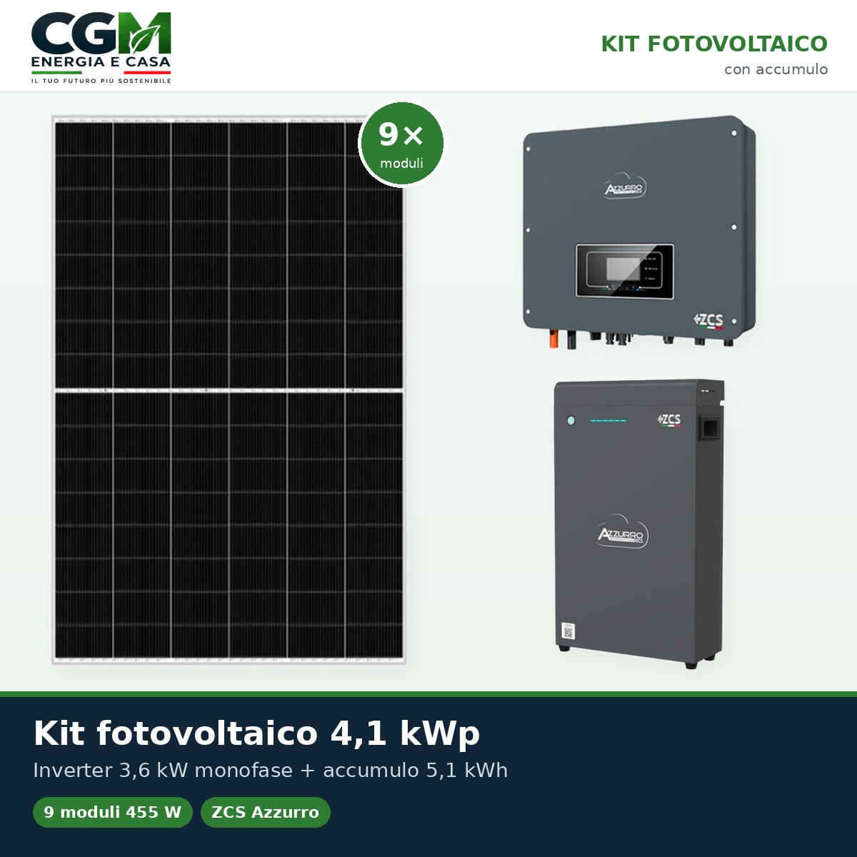 Kit fotovoltaico monofase 4095W inverter 3.6kW batteria al litio 5.1kWh LV ZSX5000 S Zucchetti - CGM Energia e Casa
