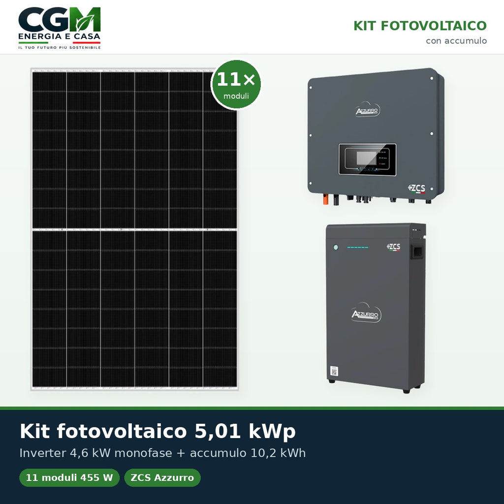 Kit fotovoltaico monofase 5005W inverter 4.6kW batteria al litio 10.2kWh LV ZSX5000 S Zucchetti - CGM Energia e Casa