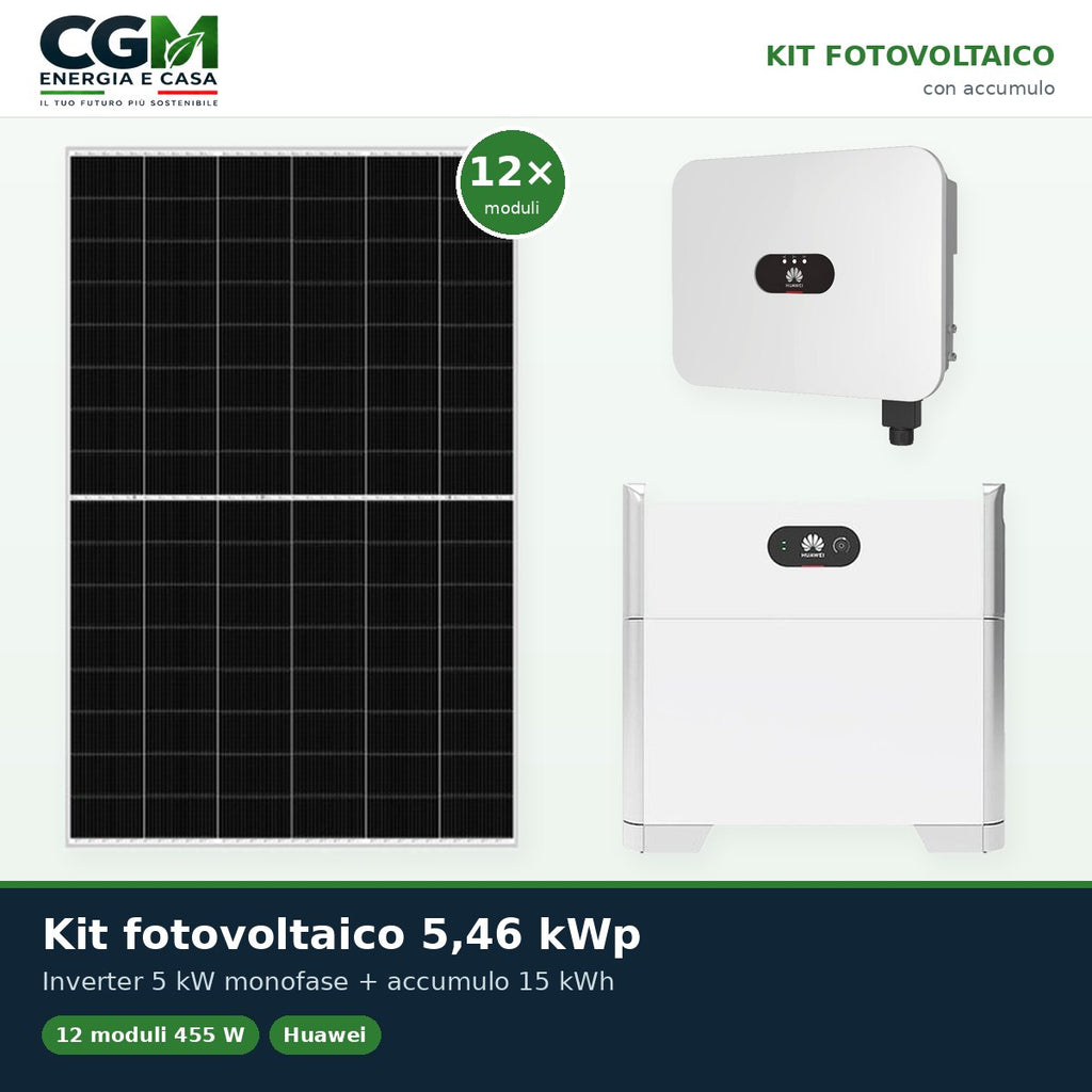 Kit fotovoltaico monofase 5460W inverter 5kW Huawei batteria al litio 15kWh LUNA2000 - CGM Energia e Casa