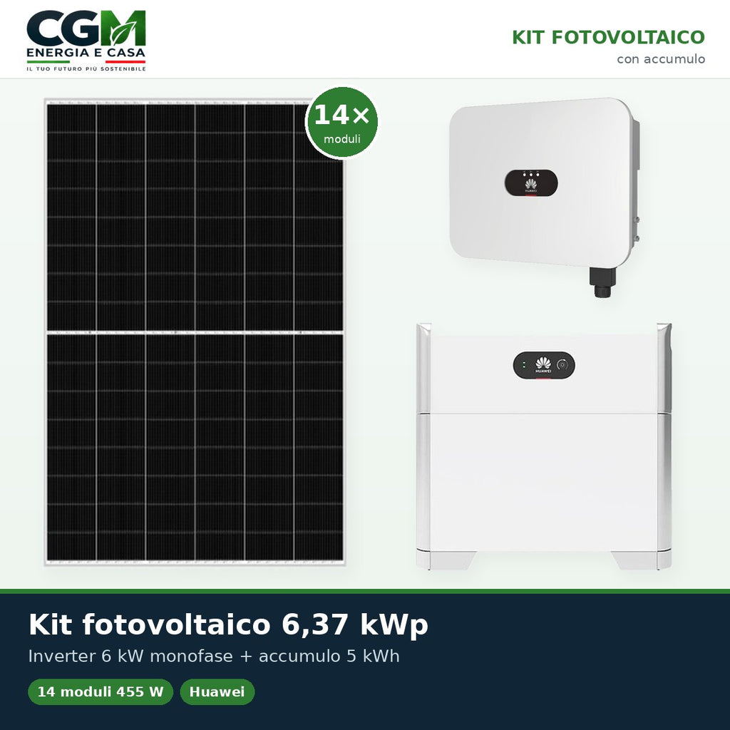 Kit fotovoltaico monofase 6370W inverter 6kW Huawei batteria al litio 5kWh LUNA2000 - CGM Energia e Casa