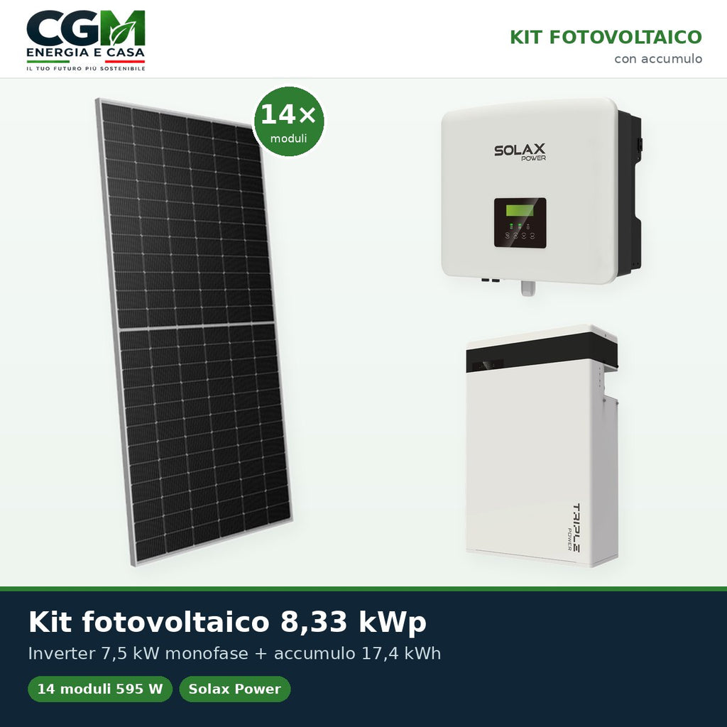 Kit fotovoltaico monofase 8330W inverter 7.5kW batteria al litio 17.4KWh T-BAT-H5.8 Solax Power - CGM Energia e Casa