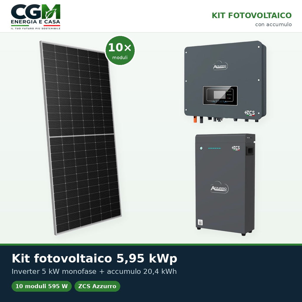 Kit fotovoltaico monofase 5950W inverter 5kW batteria al litio 20.4kWh LV ZSX5000 S Zucchetti - CGM Energia e Casa