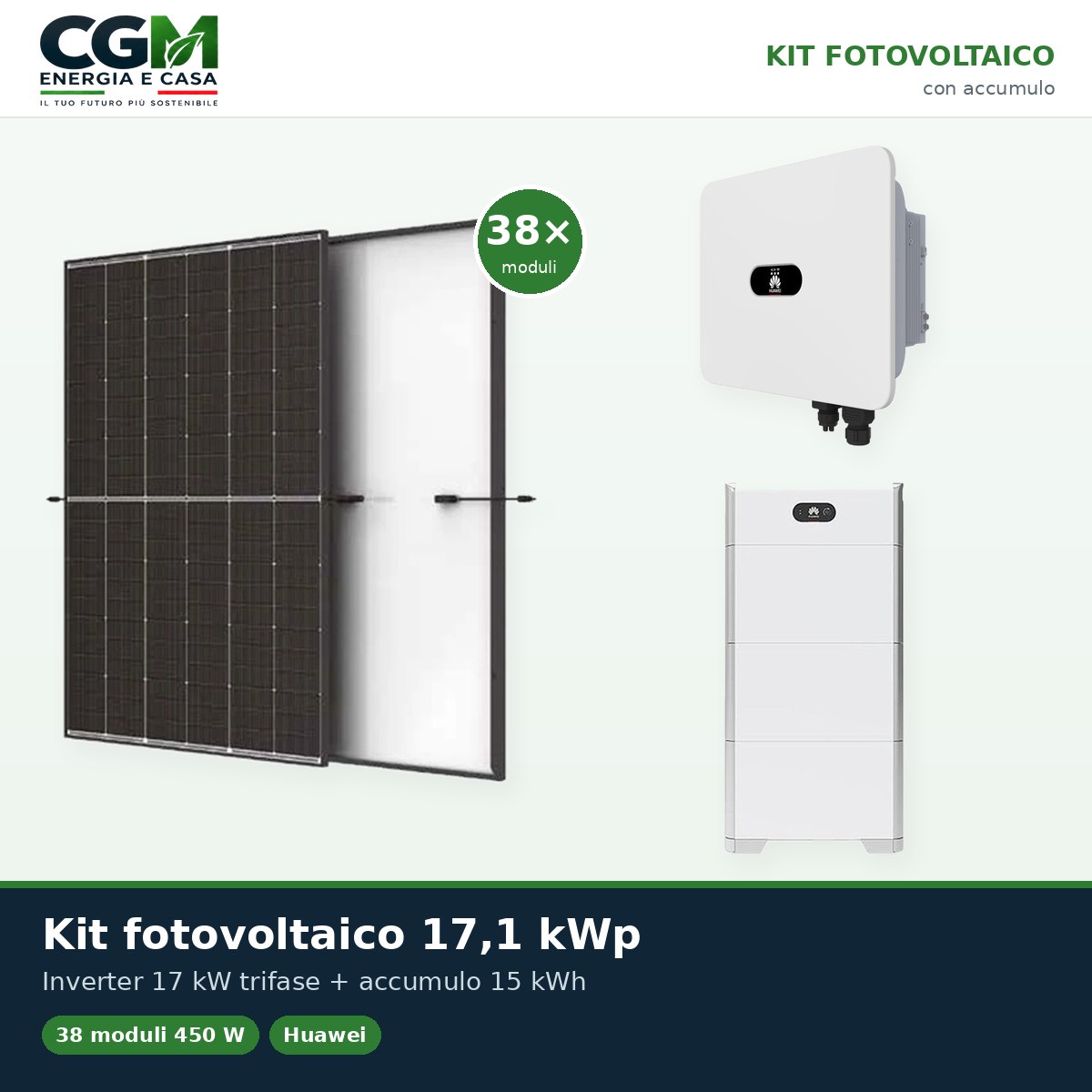 Kit fotovoltaico trifase 17100W inverter 17kW MB0 Huawei batteria al litio 15kWh LUNA2000 BMS - CGM Energia e Casa