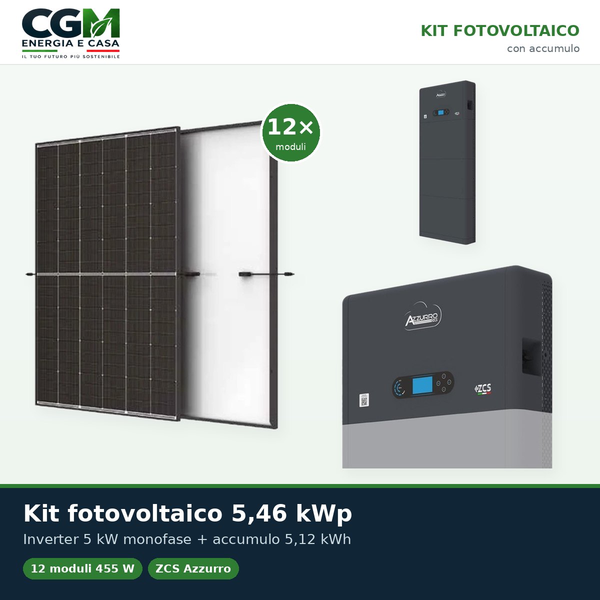 Kit fotovoltaico monofase 5460W inverter 5kW All in one batteria al litio 5.12kWh HV ZBT 5K Zucchetti - CGM Energia e Casa