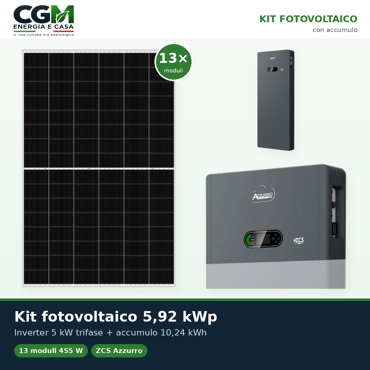 Kit fotovoltaico All in one trifase 5915W inverter 5kW accumulo 10.24kWh Zucchetti - CGM Energia e Casa