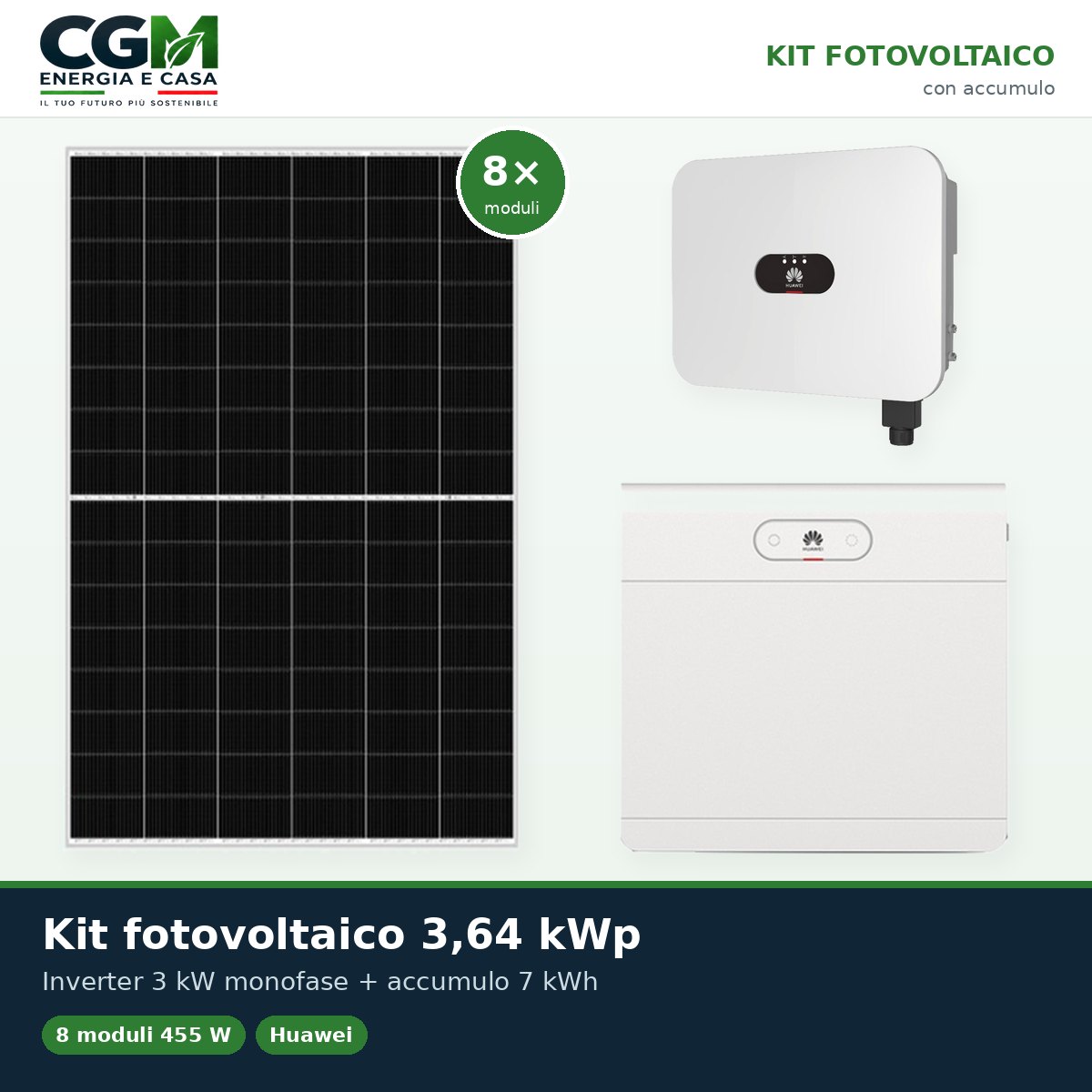 Kit fotovoltaico monofase 3640W inverter 3kW Huawei batteria al litio 7kWh LUNA2000 - CGM Energia e Casa