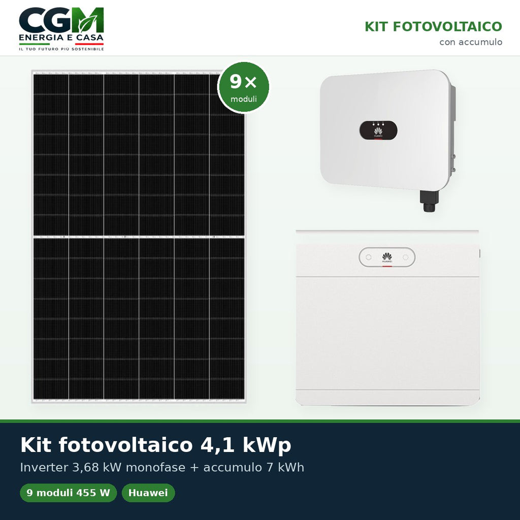 Kit fotovoltaico monofase 4095W inverter 3.68kW Huawei batteria al litio 7kWh LUNA2000 - CGM Energia e Casa